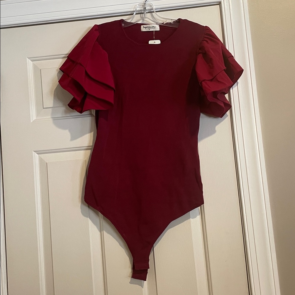Impressions Burgundy Ruffle Sleeve Bodysuit
